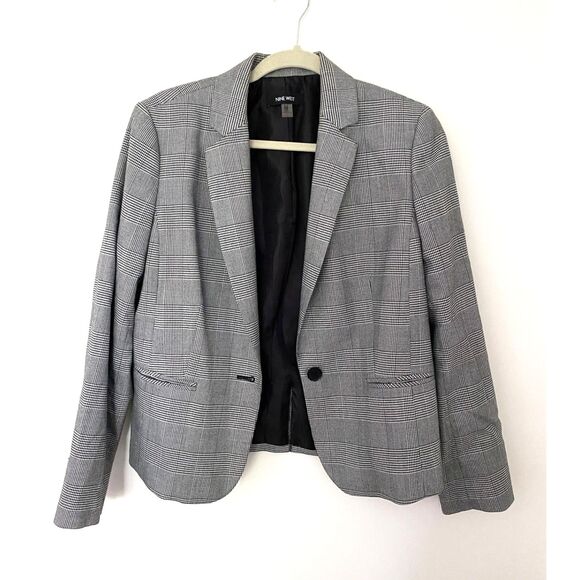 Nine West Gray Houndstooth Long Sleeve Front Pockets Lined Blazer Sz 10 - Picture 2 of 10